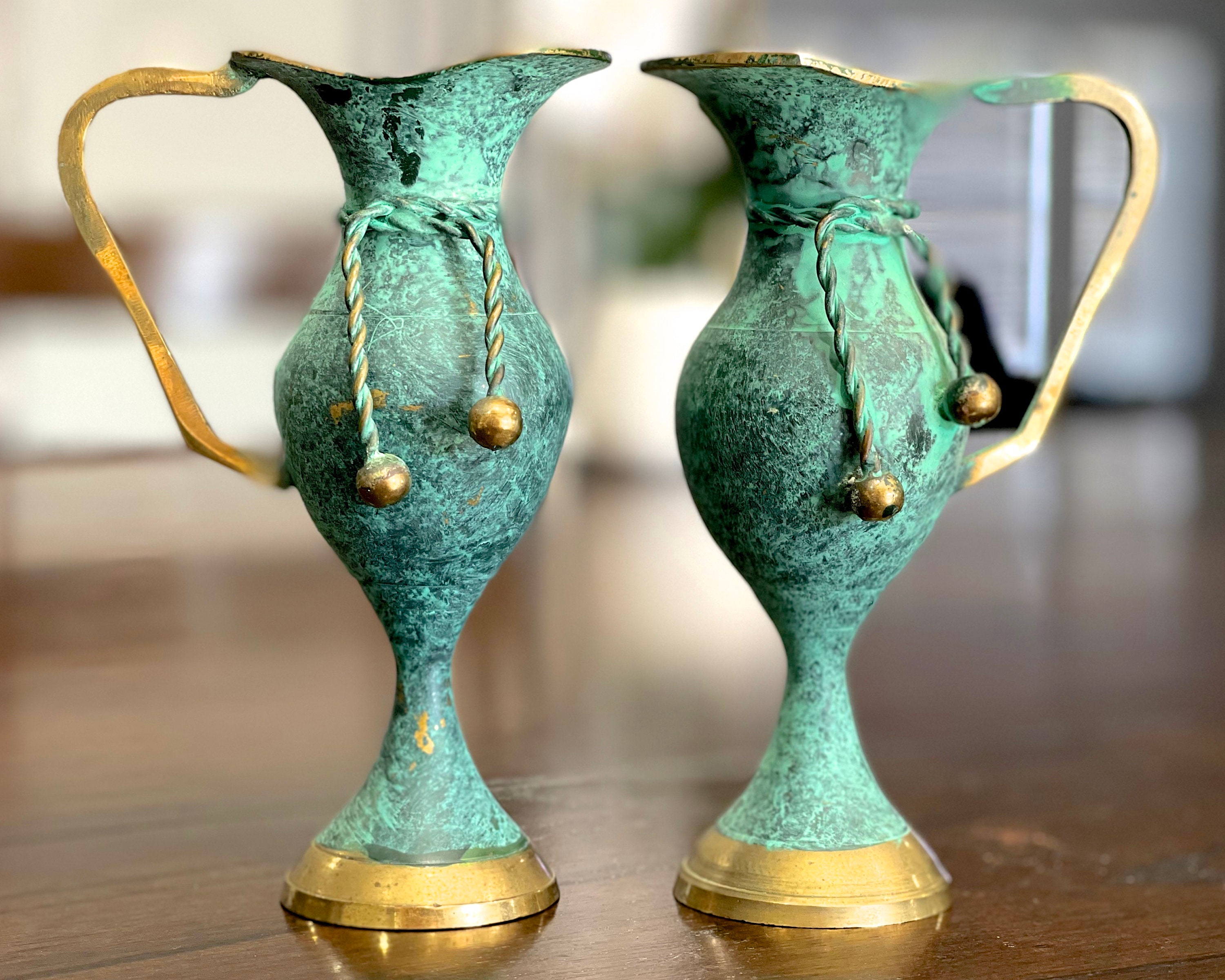 銅器製青緑色花瓶・木箱付き ヴィンテージ：2個 - 真鍮緑青エナメル花瓶 - グリーン緑青 - SKU 27-B