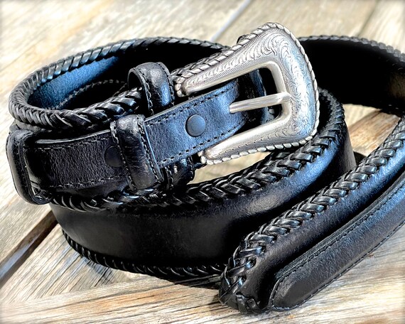 VINTAGE: Larry Mahan Black Leather Belt - Western… - image 1