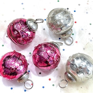Mercury Ornaments, Vintage Kugel Set Of 5 Small Glass, Raspberry And Silver, Midweight Deadstock, 1.5" X 1.25