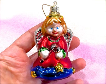 VINTAGE: Glass Christmas Angel Ornament - Present Ornament - Mercury Ornament - Holiday - Xmas