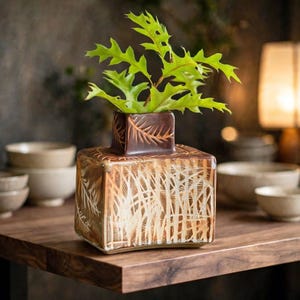 May include: A square ceramic vase with a brown and tan gradient finish featuring etched leaf patterns. The vase has a narrow neck and holds a vibrant green leafy plant with serrated edges. The surface displays a textured, hand-crafted appearance.