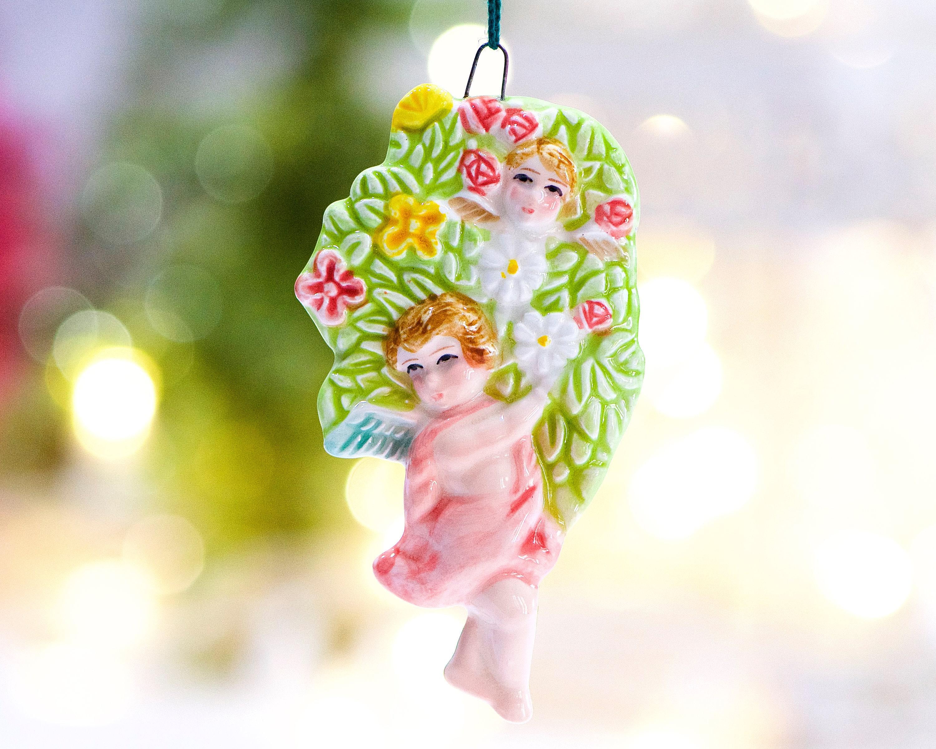 Porcelain Ornament, Vintage 1980s Angel Cherub, Handpainted Glazed