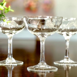 May include: Three clear glass champagne coupes with etched floral designs. The coupes are arranged in a row on a dark wood surface.