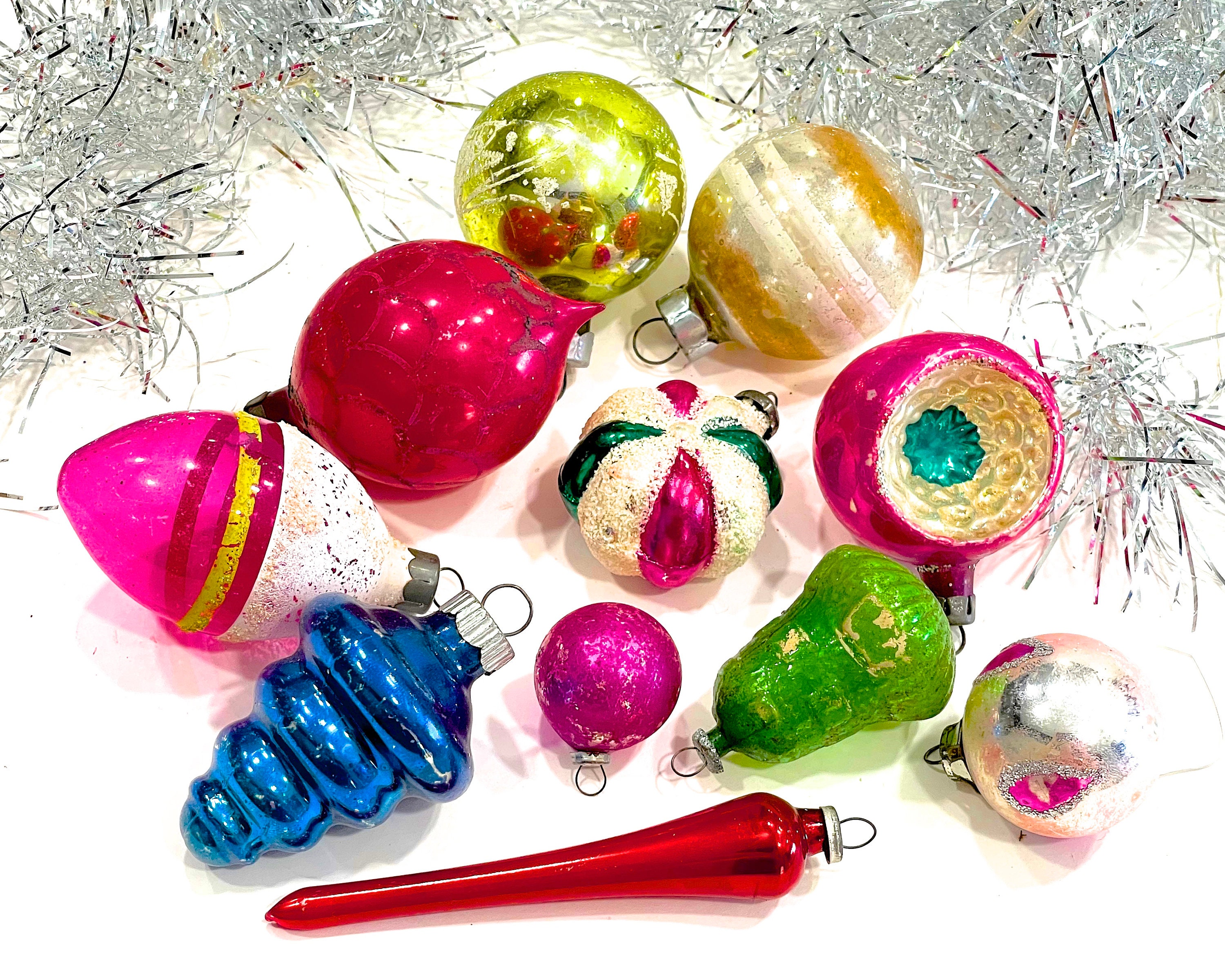 VINTAGE: 11 Old Blown Glass Christmas Ornaments Holiday Old