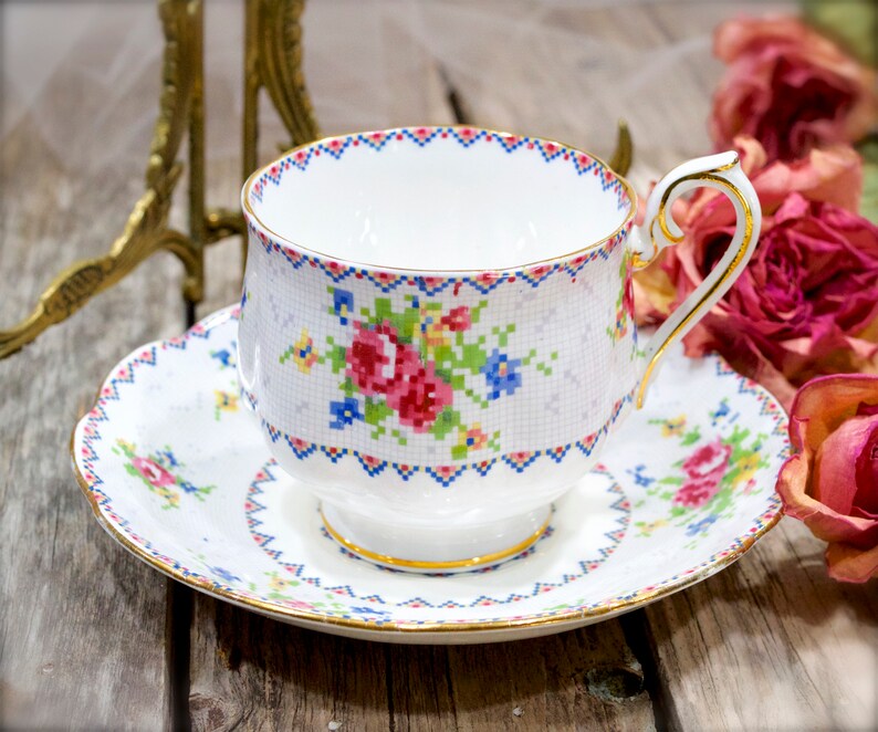 VINTAGE: 1930s Royal Albert Petit Point China Teacup & Saucer Set England Replacement, Collecting SKU 22-D-00032621 image 1