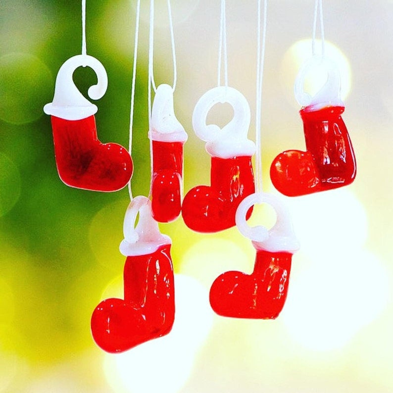 SUPPLY: 8 Lamp Work Glass Mini Christmas Red Stockings Charms Mini Feather Tree Jewelry Making Handcrafted Holiday SKU-C5-00031374 image 1