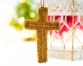 VINTAGE: Gold Glass Beaded Cross Ornament - Pillow Ornament - Gold Ornament - Christmas - SKU 30-407-00010855