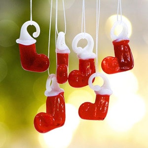 SUPPLY: 8 Lamp Work Glass Mini Christmas Red Stockings Charms Mini Feather Tree Jewelry Making Handcrafted Holiday SKU-C5-00031374 image 2