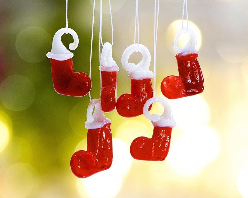 SUPPLY: 8 Lamp Work Glass Mini Christmas Red Stockings Charms Mini Feather Tree Jewelry Making Handcrafted Holiday SKU-C5-00031374 image 2