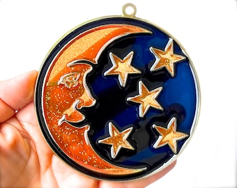 VINTAGE: 1980s - Retro Metal and Glittered Resin Moon and Stars Ornament - Faux Stain Glass - Light Sun Catchers - SKU 15-E2-00017358