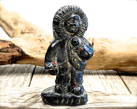 Figurine, Vintage Soapstone Eskimo Girl Sculpture | Handcarved in