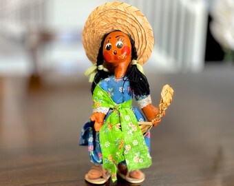 VINTAGE: 1940's - Mexican Oilcloth Doll - Handmade Doll - Mexican Folk Art - Hand Painted Dolls - SKU Tub-25-00035158