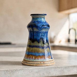 May include: A ceramic vase with a flared base and a narrow neck, featuring a reactive glaze with layered bands of deep blue, olive green, and earthy brown tones. The glaze exhibits a glossy finish with visible drips running down the surface.