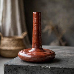 May include: A terracotta-colored ceramic vase with a wide, flat, circular base and a tall, slender, cylindrical neck. The surface of the vase has a glossy, glazed finish with subtle variations in the deep reddish-brown color throughout.