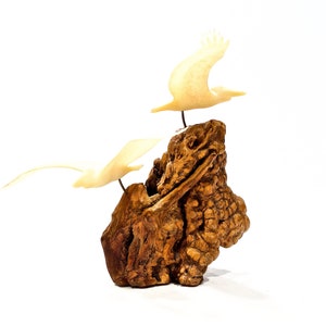 VINTAGE: Root Trunk Wood with Birds Sculpture - Resin Birds on Trunk - Natural Art - SKU 26-D-00012243