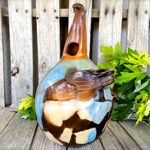 VINTAGE: 12&quot; Large Authentic Chulucanas, PERU Handmade Clay Pottery Statue - Signed Fernandez - Abstract Man with Guitar - SKU 36-C-00034301