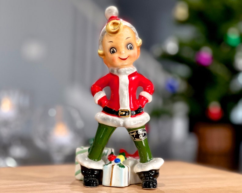 VINTAGE: RARE Josef Originals Christmas Elf Pixie Santa Suit Guarding Present Gifts Made in Japan Holidays SKU 26 27-A-00040213 image 2