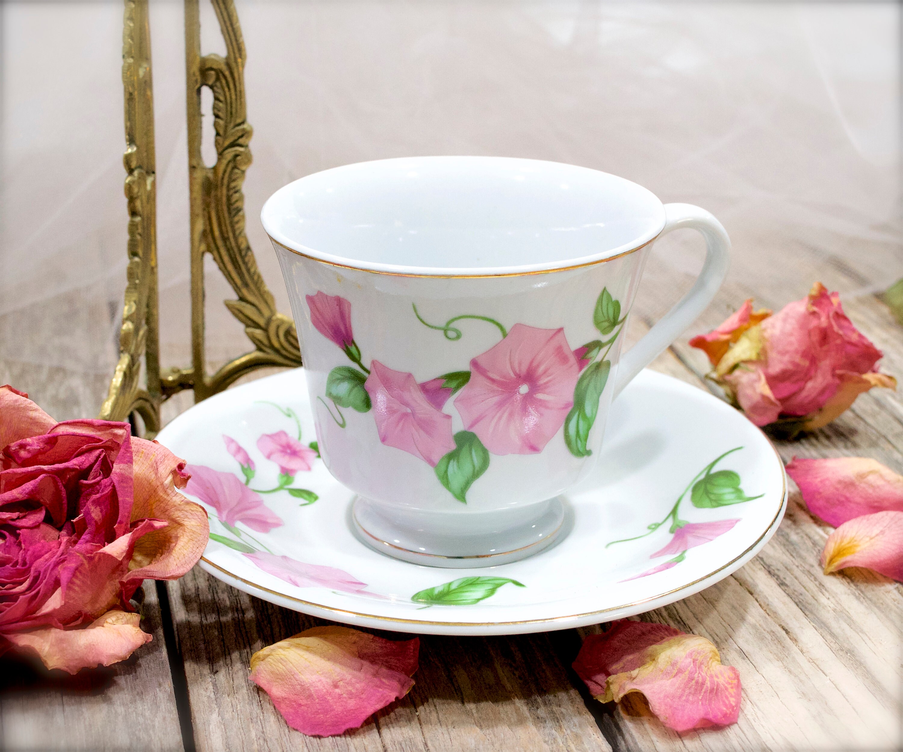 VINTAGE: Teleflora Pink Morning Glory Teacup & Saucer Set