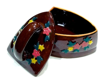 Vintage 1950s Japanese Clay Container: Floral Lidded Sewing Box