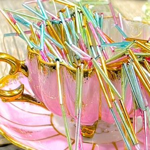 VINTAGE: 125" - Mercury Glass Tube Bead Garland - Pink, Green, Gold, Aqua Blue - Made in Japan - SKU 16-B2-00033463