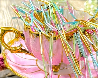 VINTAGE: 125" - Mercury Glass Tube Bead Garland - Pink, Green, Gold, Aqua Blue - Made in Japan - SKU 16-B2-00033463