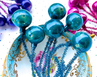 VINTAGE: 6pcs - Unique Hand Blown Aqua Turquoise Blue Glass Ball Stems - Christmas Ball Picks - Glass Stems - Ornament, Corsage - SKU OS-2