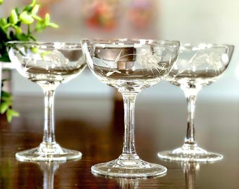 May include: Three clear glass coupe glasses with a shallow bowl and a slender stem. Each glass features a delicate etched design of wheat stalks wrapping around the exterior of the bowl. The glasses are transparent with a smooth, polished finish.