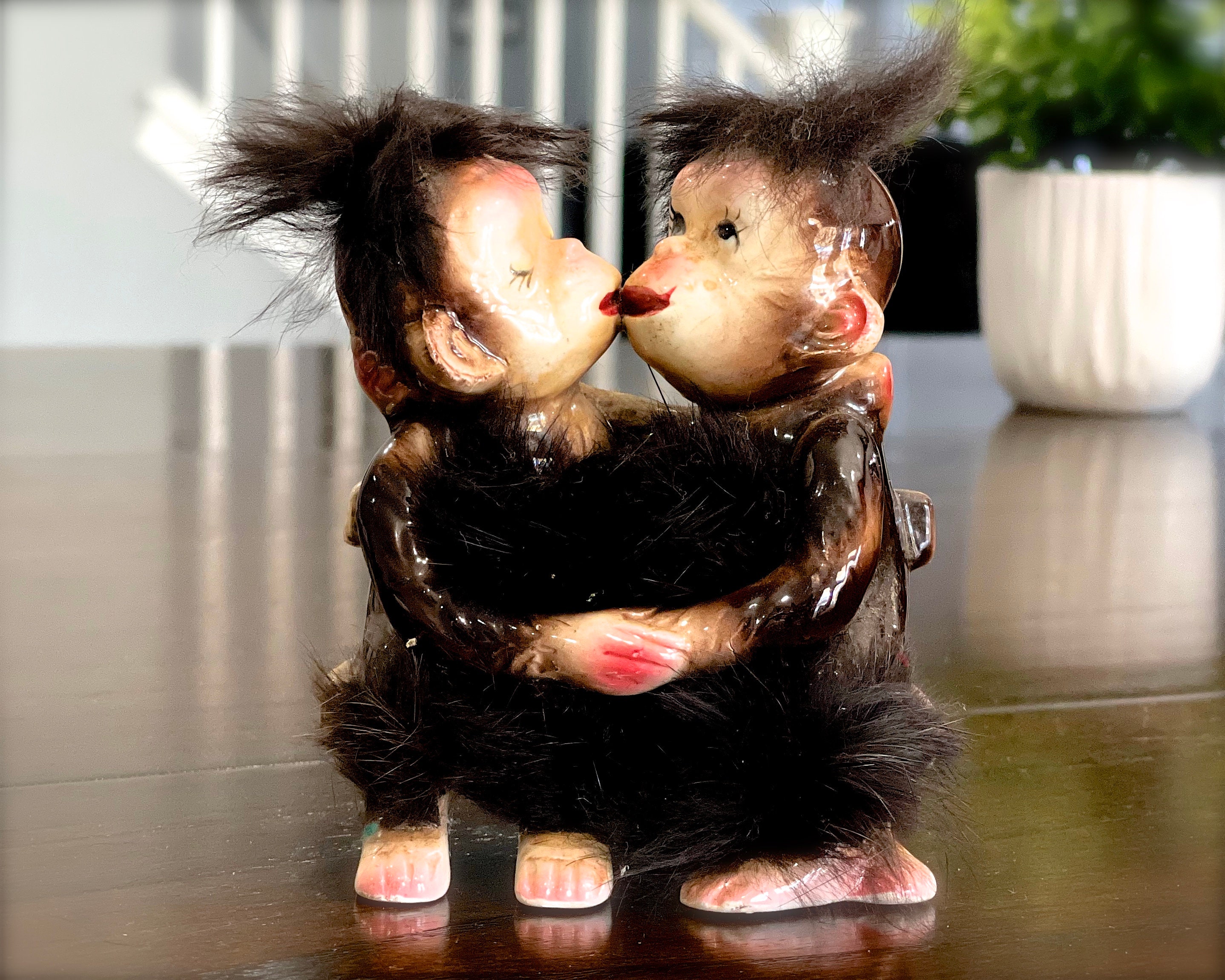 Vintage 1950s Ceramic Kissing Chimps Figurine: Rabbit Fur Hair