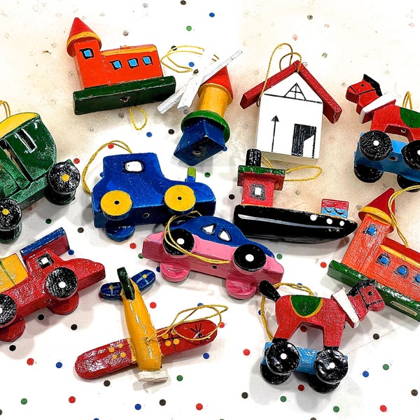 VINTAGE: 13pcs - Mixed Wooden Ornaments - Cars Trains Trucks Planes Horse Windmill House - Holiday, Christmas - Crafts