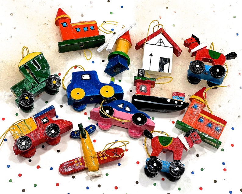 VINTAGE: 13pcs Mixed Wooden Ornaments Cars Trains Trucks Planes Horse Windmill House Holiday, Christmas Crafts image 1