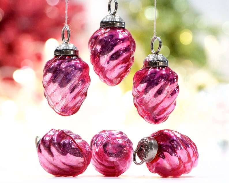 VINTAGE: 5pc Small Thick Mercury Pink Ornaments Mid Weight Kugel Style Ornaments Unique Find SKU os-256 image 2
