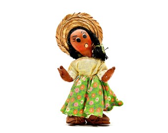 VINTAGE: 1940's - Mexican Oilcloth Doll with Baby on Back - Handmade Doll - Mexican Folk Art - Hand Painted Dolls - SKU 25-C4-00031039