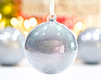 VINTAGE: Hand Blown Ornament - Silver Glitter Glass Ornament - Christmas - SKU Tub-400-00030587