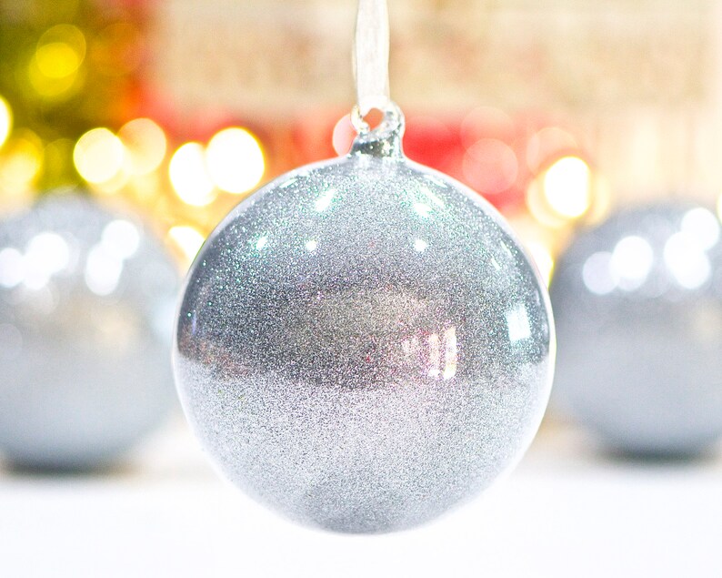 VINTAGE: Hand Blown Ornament Silver Glitter Glass Ornament Christmas SKU Tub-400-00030587 image 1