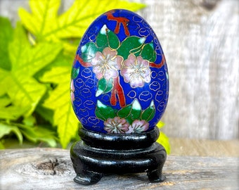 VINTAGE: Small Brass Cloisonné Egg with Stand - Chinese Egg - Asian Egg - Enamel Egg with Stand - Floral Egg - SKU 15-E2-00028071