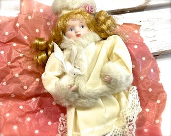 VINTAGE: Porcelain Doll Ornament - Fabric Doll - Christmas Doll - Doll Ornament - SKU 00035667