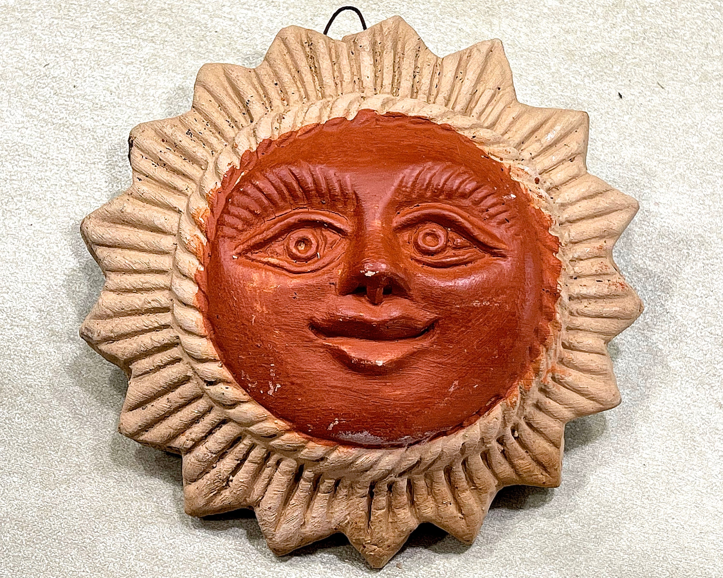 VINTAGE: Small Mexican Pottery Wall Hanging Sun - Made in Mexico - Artisan Made - Folk Art