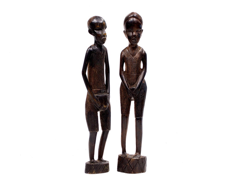 VINTAGE: Pair of Large 14.5 African Wood Figurines Playing Drums Hand Carved Traditional Figurines SKU 22-E-00015785 image 2
