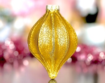 VINTAGE: 4.5" Textured Gold Glass Christmas Ornament - Specialty Halliday Decorations Xmas