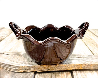 VINTAGE: Double Handle Scalloped Mexican Pottery - Handcrafted Bowl - Planter - Made in Mexico - SKU 36-B-00033364