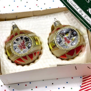 VINTAGE: 2pcs European Hand Blown Indent Glass Ornaments in Box Christmas Decor Ornament Holiday image 2