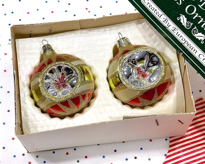 VINTAGE: 2pcs European Hand Blown Indent Glass Ornaments in Box Christmas Decor Ornament Holiday image 2