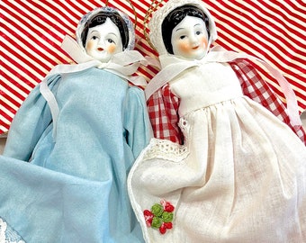 VINTAGE: 2pcs - Porcelain Doll Ornaments - Fabric Angel Dolls - Christmas Angel - Doll Ornaments - SKU 00035663