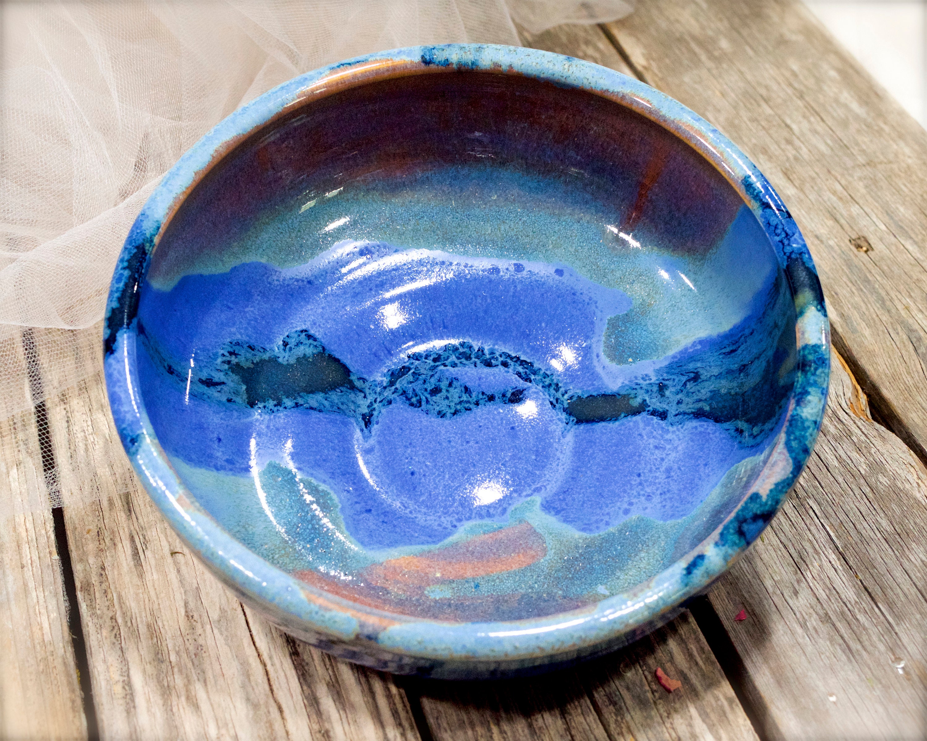 Pottery Bowl Signed Art Studio ceramic glaze Blue Pink decorative Gold Rim