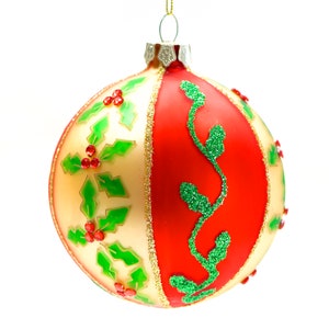 VINTAGE: Poinsettia Glass Ornament Hand Painted Ornament Tempered Glass Christmas Ornament SKU 30-409-00016217 zdjęcie 2