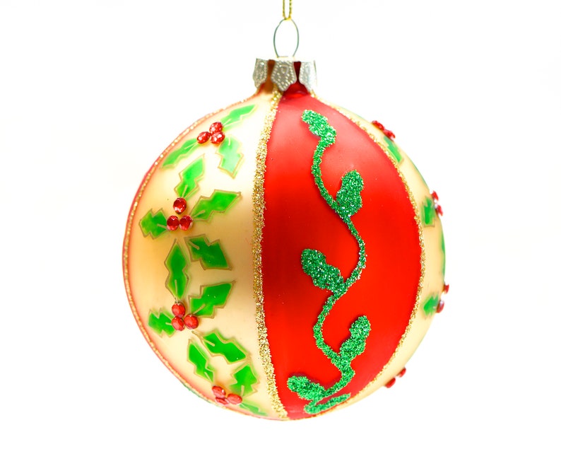 VINTAGE: Poinsettia Glass Ornament Hand Painted Ornament Tempered Glass Christmas Ornament SKU 30-409-00016217 zdjęcie 2