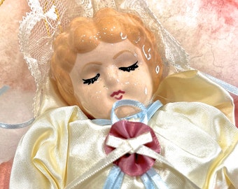 VINTAGE: Porcelain Angel Doll Ornament - Fabric Angel Bust - Christmas Angel - SKU 30-410-00008459