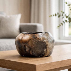 May include: A low, rounded ceramic bowl with an irregular, organic shape. The surface features a mottled, textured finish with blended tones of dark brown, charcoal gray, and metallic bronze, creating a weathered, earthy appearance with a wide opening.