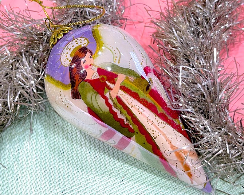 VINTAGE 2001 Li Bien Reverse Painting Angle Christmas Ornament