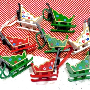 VINTAGE: 9pcs Wooden Sled Ornaments Hand Painted Ornaments Holiday Christmas X Mas image 3